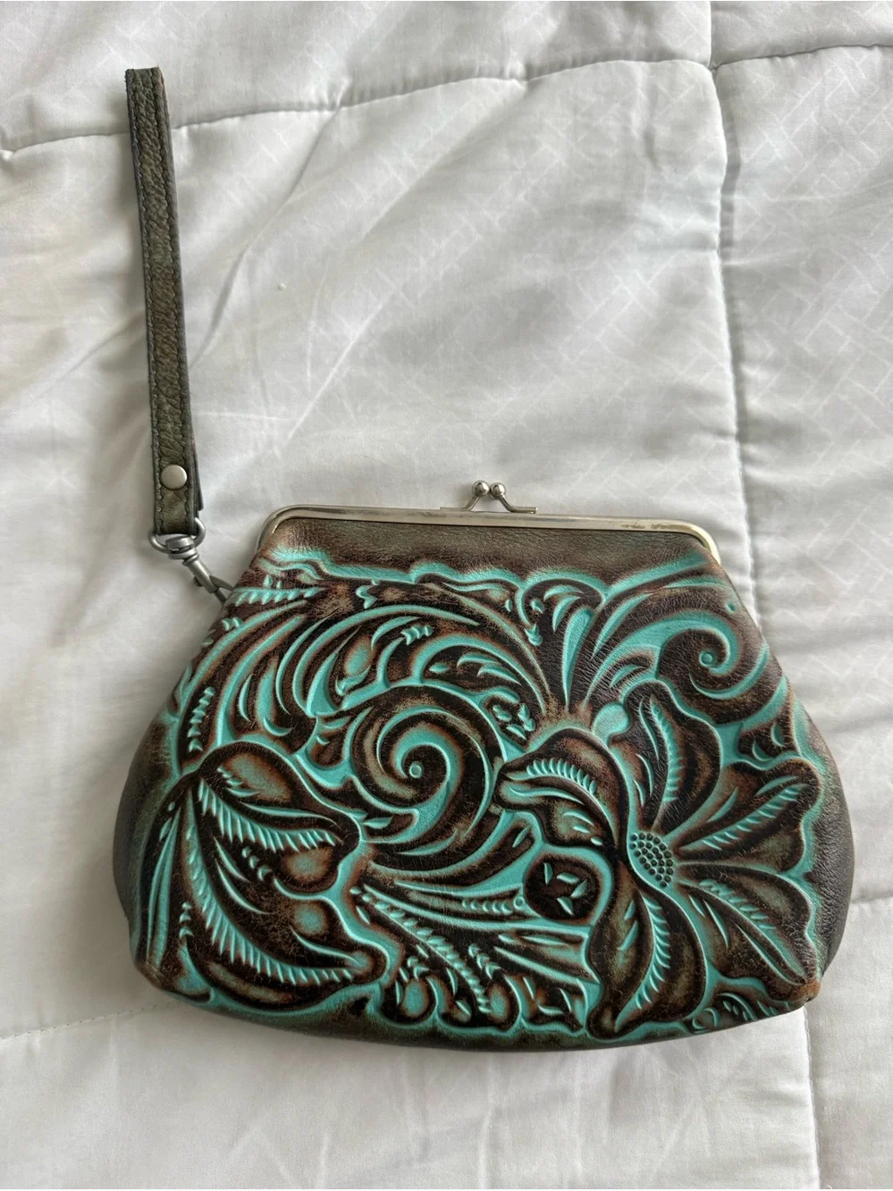 Patricia Nash Leather Tooled Wristlet Clutch in Turquoise and Brown